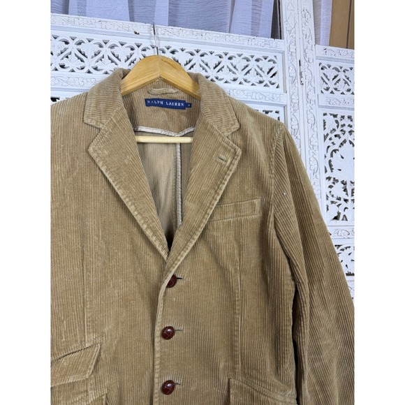 Vtg Ralph Lauren Tan Corduroy Blazer Leather Elbow Patch Sz Womens 8 Equestrian - Picture 4 of 7